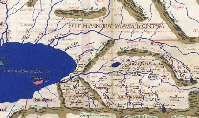 Détail de l’Asie centrale, sur la carte de Nicolaus Germanius [1467], d’après la ‘Géographie’ de Ptolémée [Ier-IIeme siècle après J .-C.]