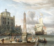 Navire vénitien transportant des pèlerins, en escale dans un port d’Italie - peinture d’Abraham Storck.