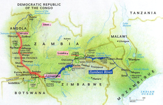 carte de la descente du fleuve Zambèze en canoë entre Chavuma et les chutes Victoria